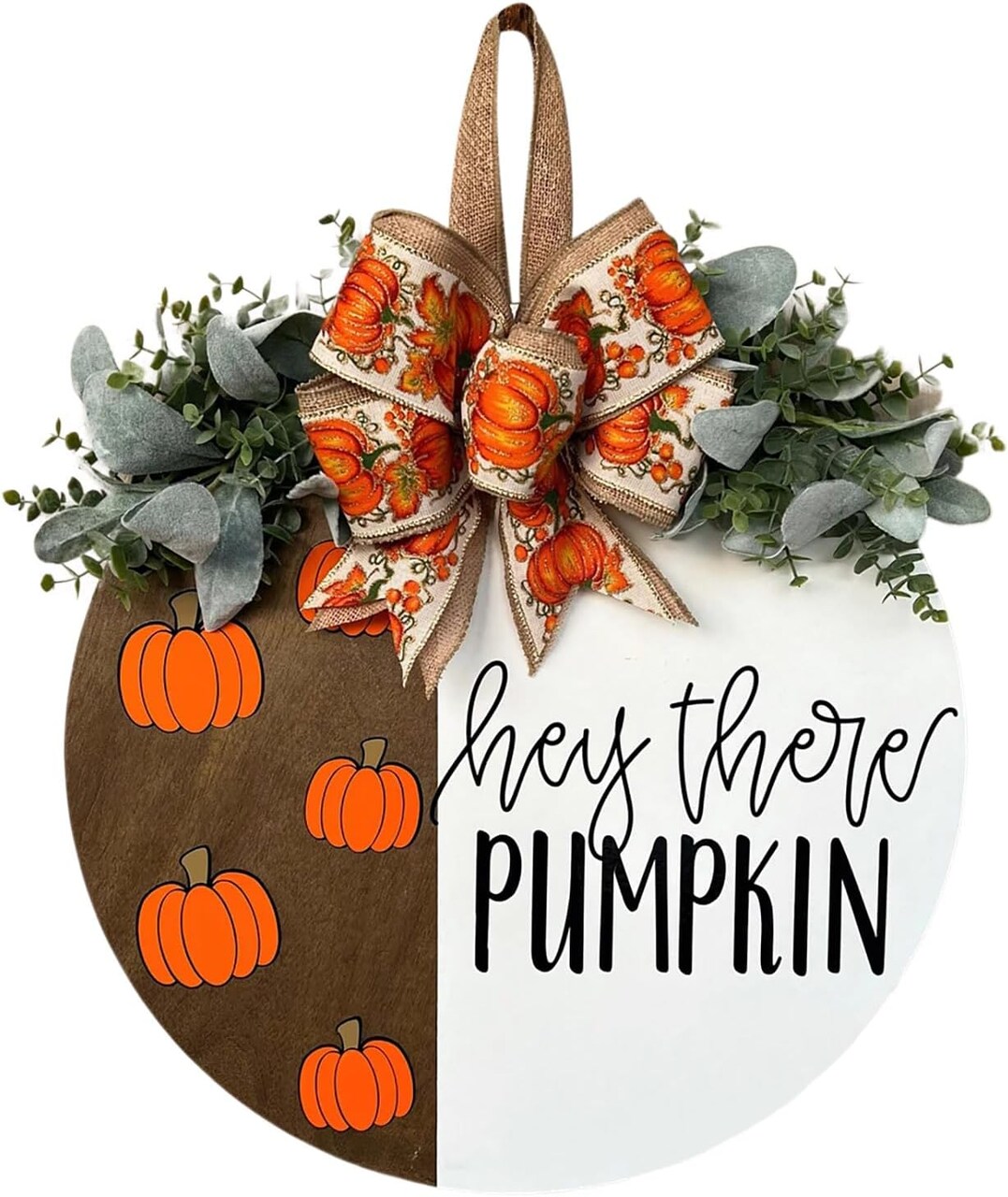 “Hey There Pumpkin” Welcome Sign – 12” Rustic Fall Hanging Door Decor, Wooden Autumn Front Porch Sign with Buffalo Bow & Greenery, Farmhouse Welcome Decoration for Home, Office, Garden & Seasonal Events